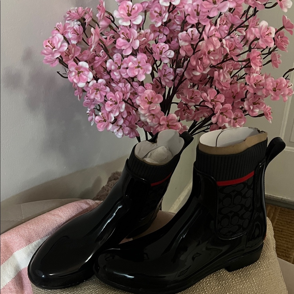 Coach Black Glossy Boots with Red Detail